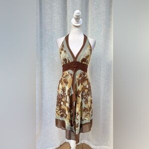 BCBGMaxAzria Brown floral silk halter dress